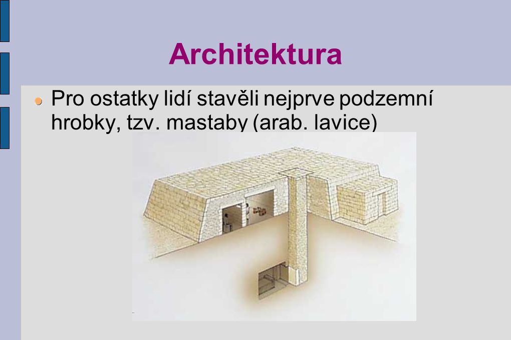 Architektura Pro ostatky lidí stavěli nejprve podzemní hrobky, tzv. mastaby (arab. lavice)