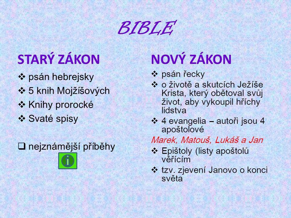bible Starý zákon Nový zákon psán hebrejsky 5 knih Mojžíšových