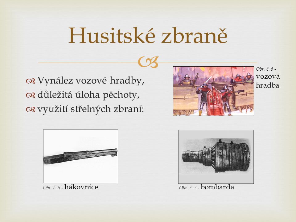 Husitské zbraně Vynález vozové hradby, důležitá úloha pěchoty,