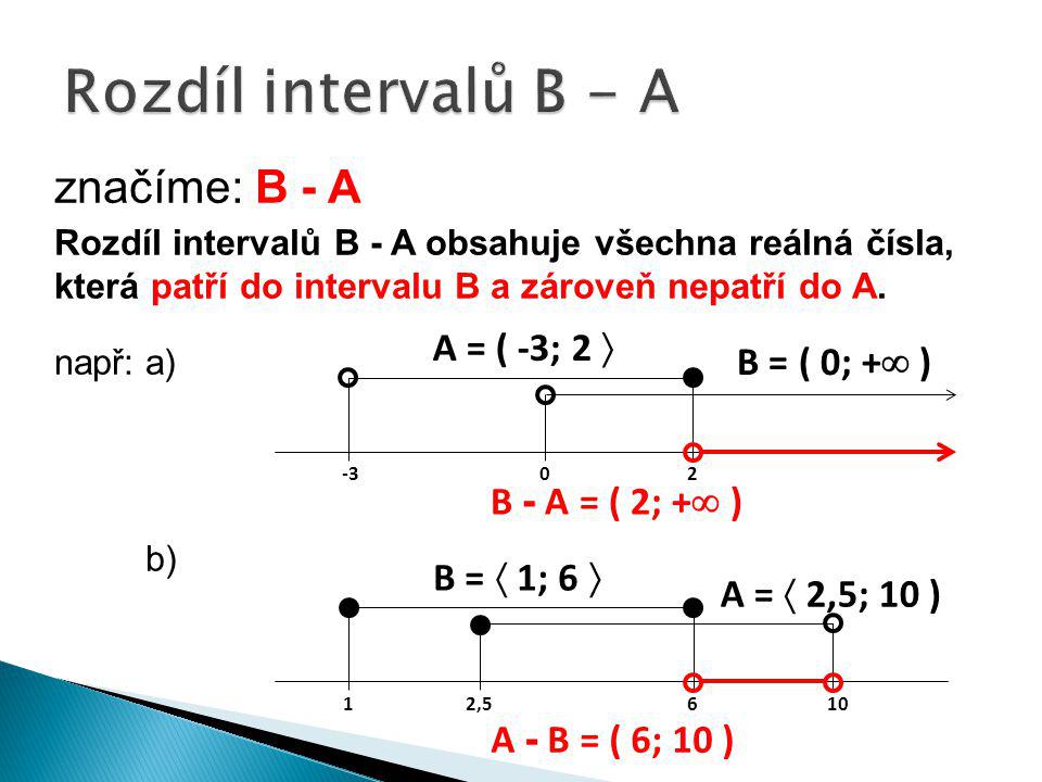 Rozdíl intervalů B - A značíme: B - A A = ( -3; 2  B = ( 0; + )