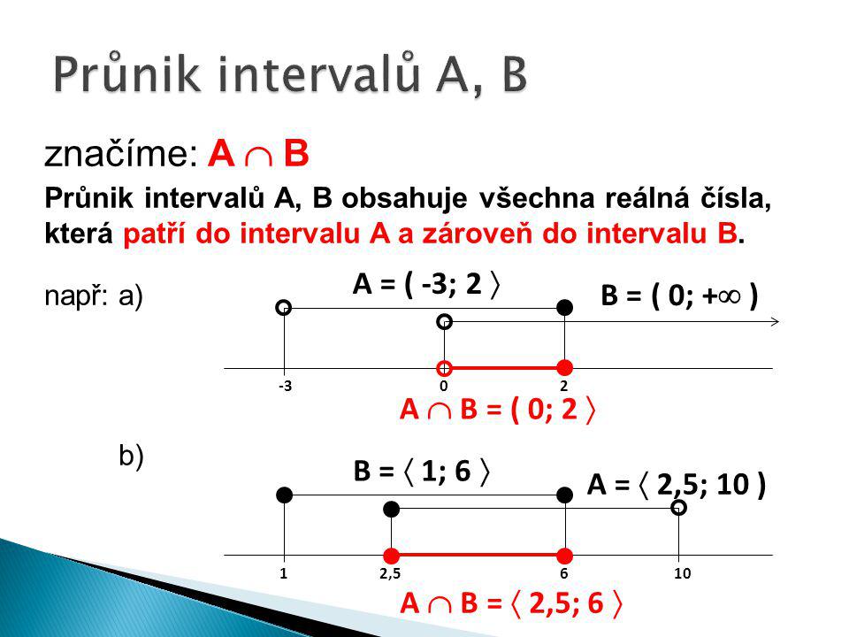 Průnik intervalů A, B značíme: A  B A = ( -3; 2  B = ( 0; + )