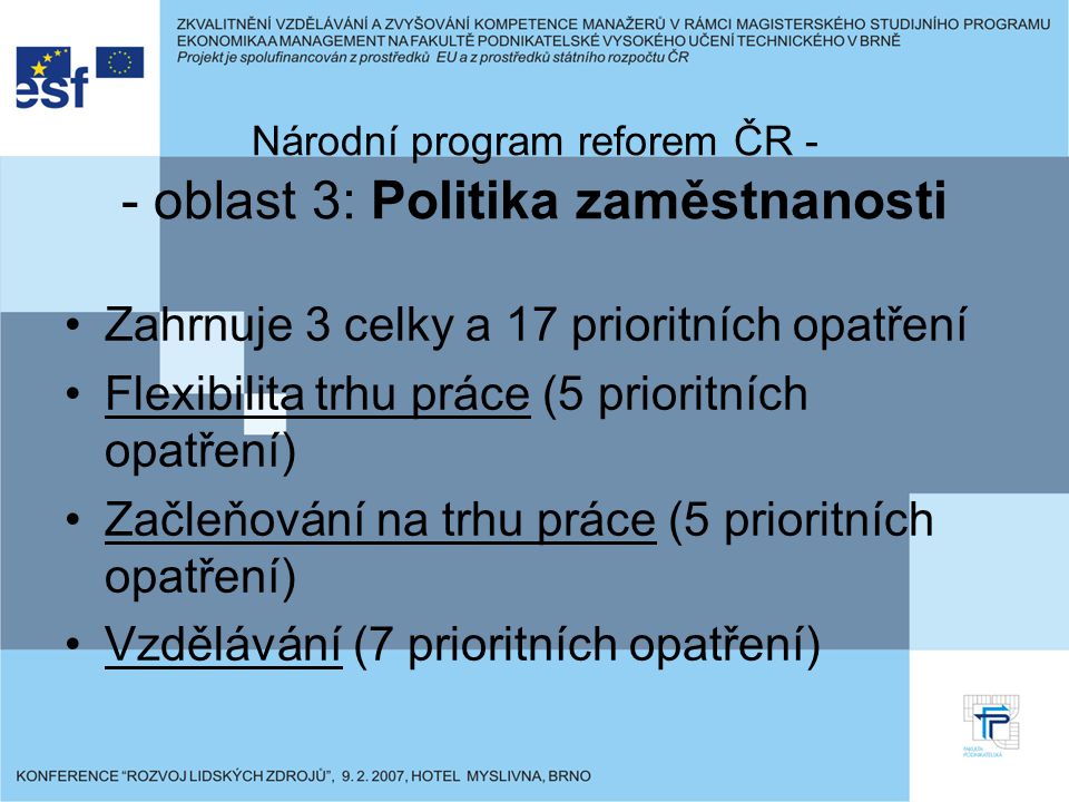 Národní program reforem ČR - - oblast 3: Politika zaměstnanosti