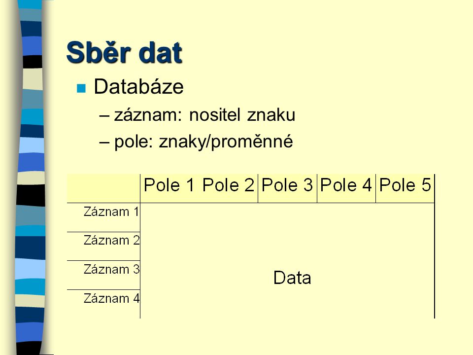 Sběr dat Databáze záznam: nositel znaku pole: znaky/proměnné