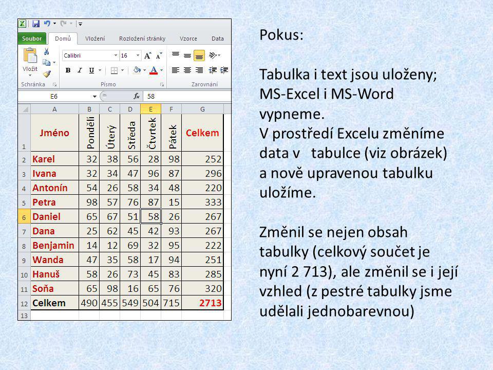 Pokus: Tabulka i text jsou uloženy; MS-Excel i MS-Word vypneme.
