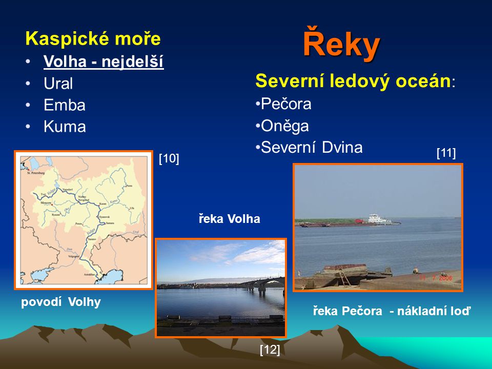 Řeky Kaspické moře Severní ledový oceán: Volha - nejdelší Ural Emba