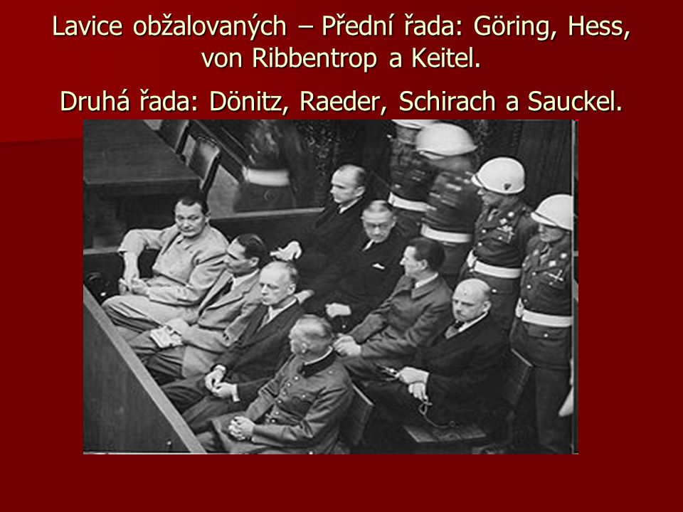 Lavice obžalovaných – Přední řada: Göring, Hess, von Ribbentrop a Keitel.