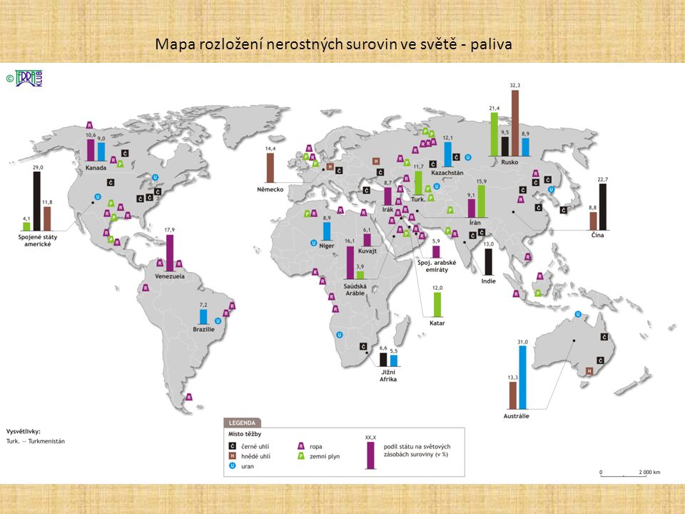 Mapa rozložení nerostných surovin ve světě - paliva