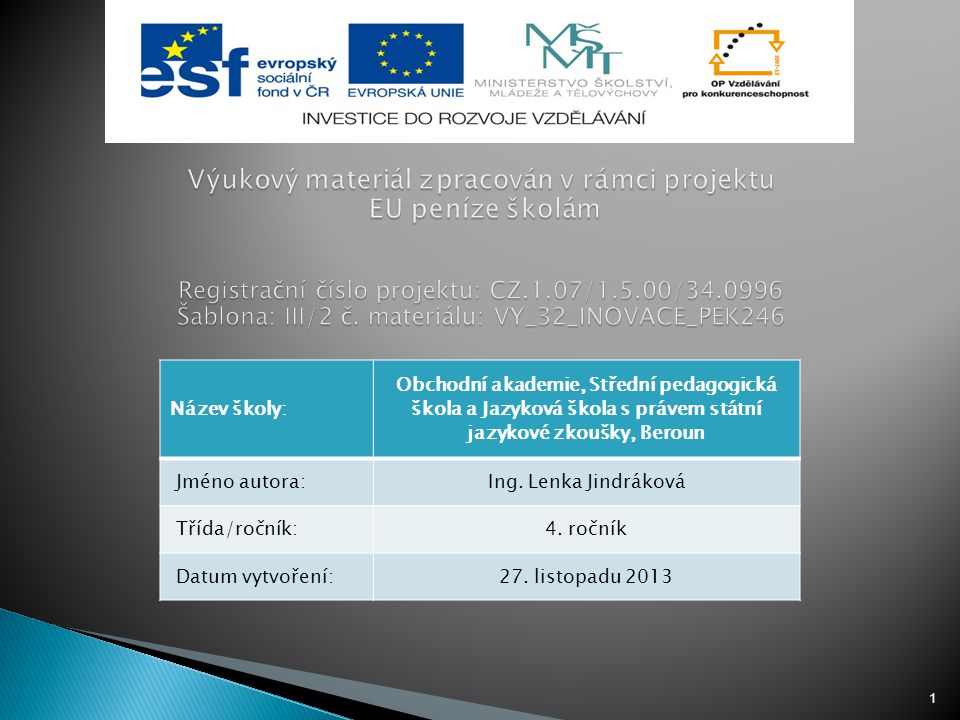 Výukový materiál zpracován v rámci projektu EU peníze školám Registrační číslo projektu: CZ.1.07/1.5.00/ Šablona: III/2 č. materiálu: VY_32_INOVACE_PEK246