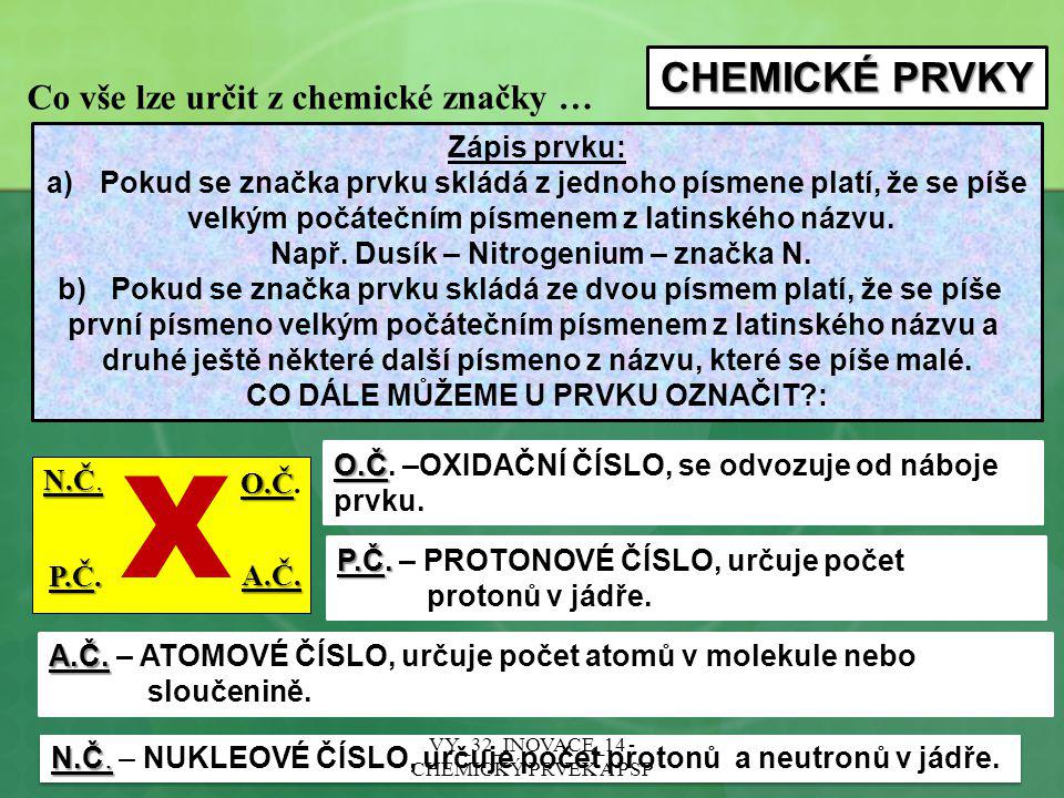 X CHEMICKÉ PRVKY Co vše lze určit z chemické značky … Zápis prvku: