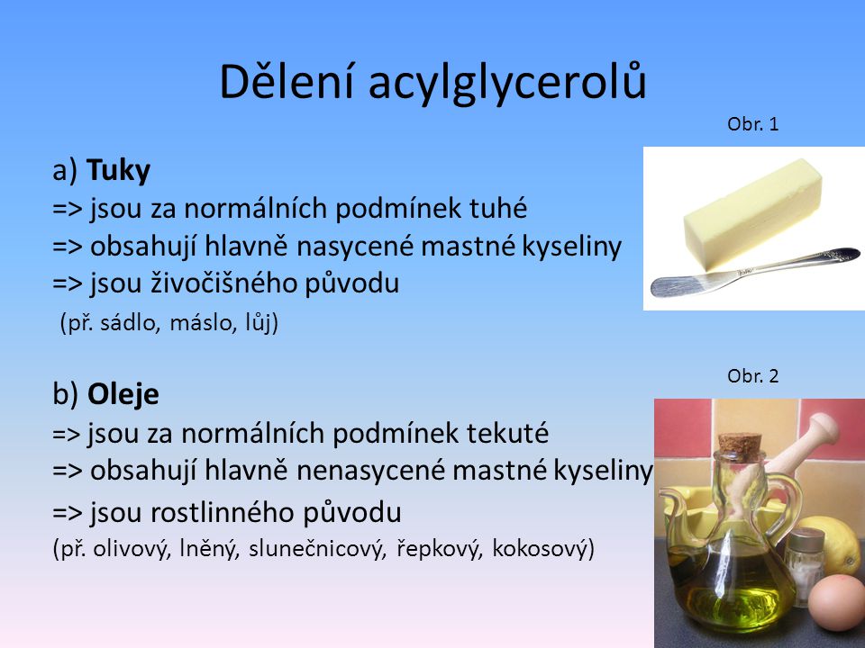 Dělení acylglycerolů a) Tuky b) Oleje