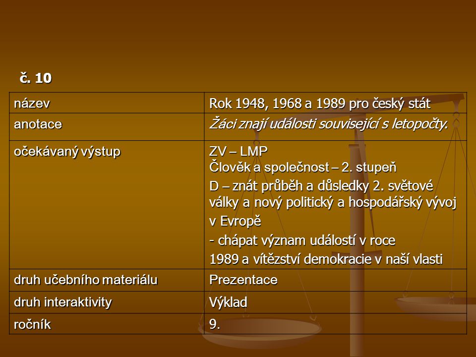 č. 10 název. Rok 1948, 1968 a 1989 pro český stát. anotace. Žáci znají události související s letopočty.