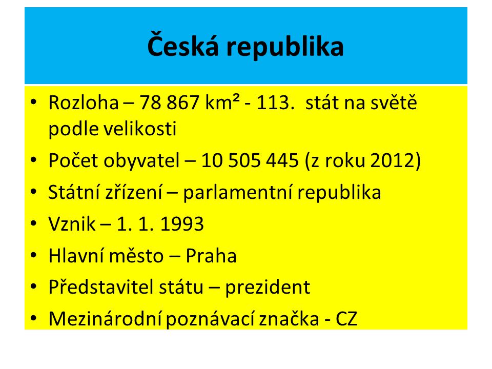 Česká republika Rozloha – km² stát na světě podle velikosti. Počet obyvatel – (z roku 2012)