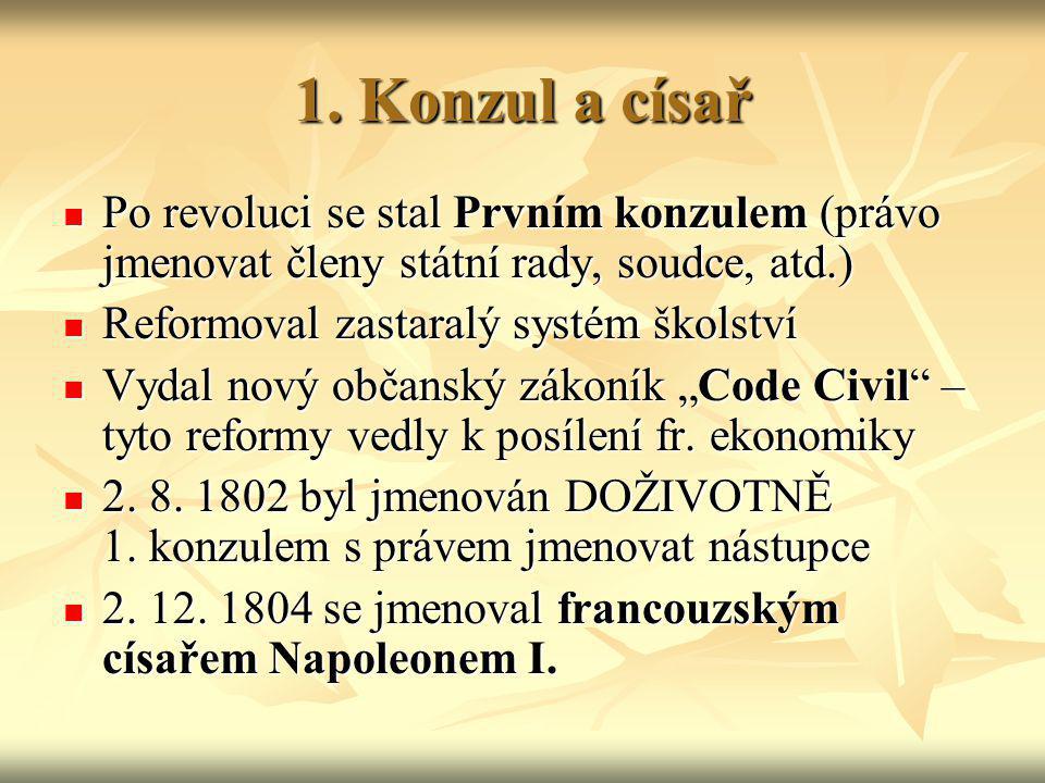 1. Konzul a císař Po revoluci se stal Prvním konzulem (právo jmenovat členy státní rady, soudce, atd.)