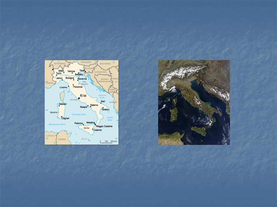 Území Apeninského poloostrova a přilehlých ostrovů, vpravo snímek ze satelitu