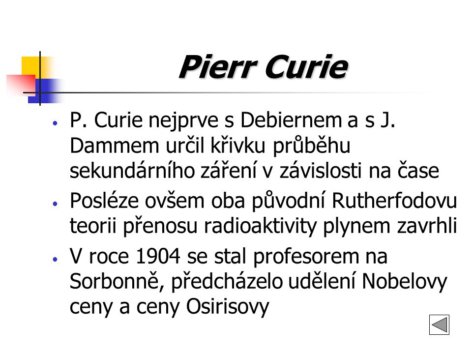Pierr Curie P. Curie nejprve s Debiernem a s J. Dammem určil křivku průběhu sekundárního záření v závislosti na čase.