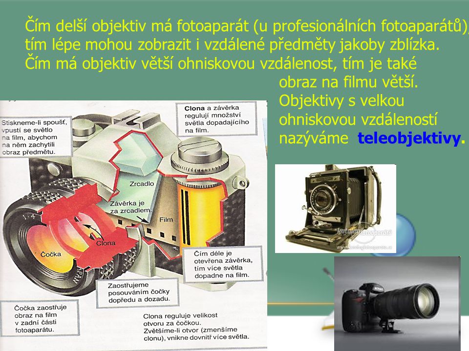 Čím delší objektiv má fotoaparát (u profesionálních fotoaparátů), tím lépe mohou zobrazit i vzdálené předměty jakoby zblízka.