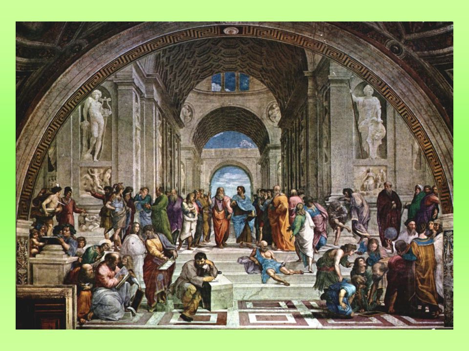 Athénská škola: obraz vytvořený pro výzdobu vatikánských stanzí; měl vzdát hold antické filosofii; jsou zde přední představitelé