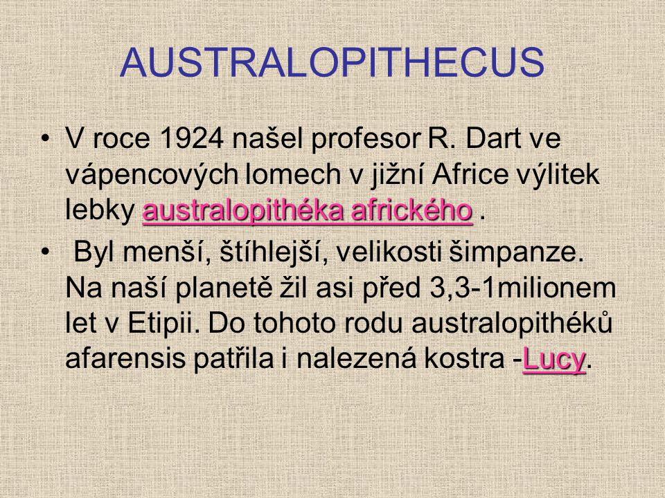 AUSTRALOPITHECUS V roce 1924 našel profesor R. Dart ve vápencových lomech v jižní Africe výlitek lebky australopithéka afrického .