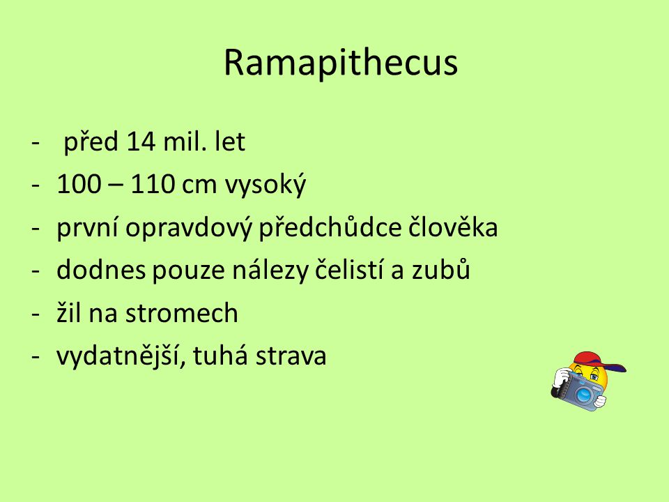 Ramapithecus před 14 mil. let 100 – 110 cm vysoký