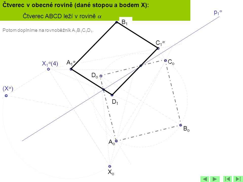 Čtverec v obecné rovině (dané stopou a bodem X):