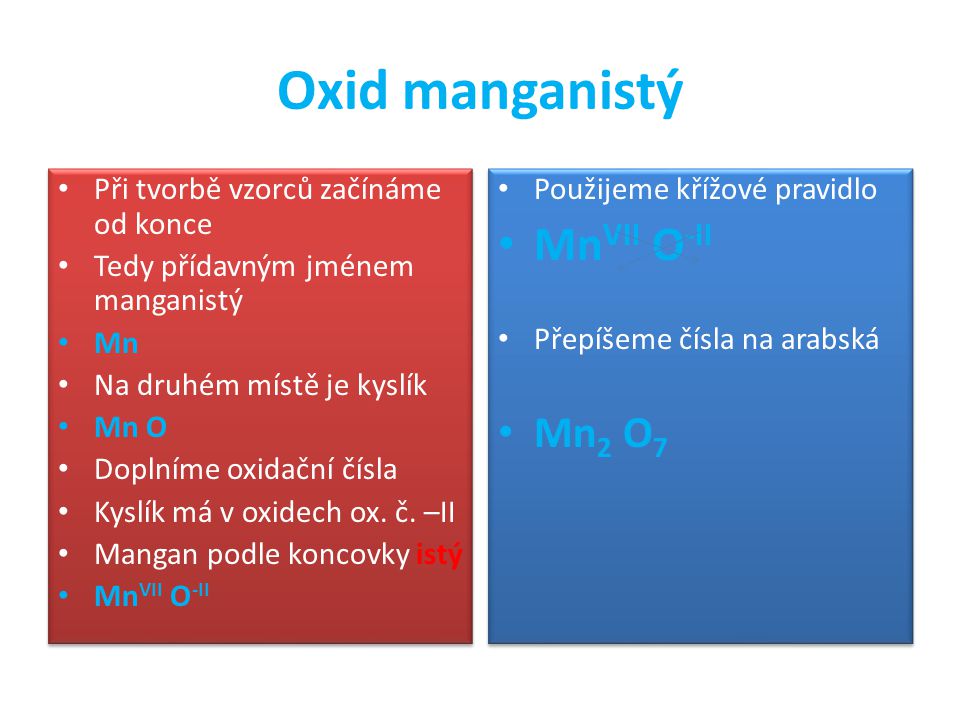 Oxid manganistý MnVII O-II Mn2 O7 Při tvorbě vzorců začínáme od konce