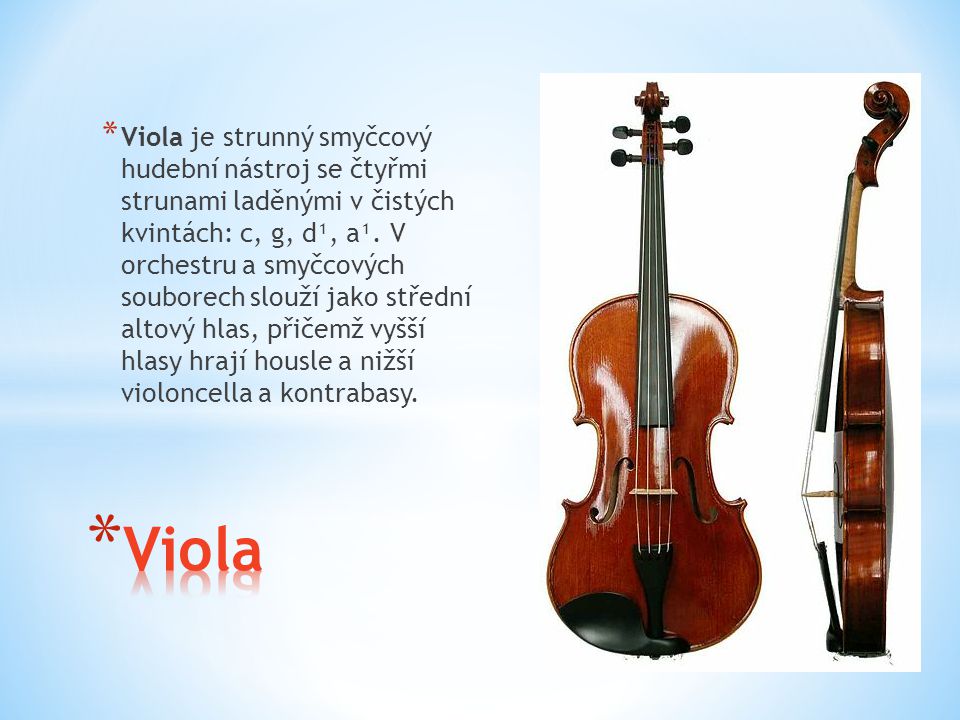 Viola je strunný smyčcový hudební nástroj se čtyřmi strunami laděnými v čistých kvintách: c, g, d¹, a¹. V orchestru a smyčcových souborech slouží jako střední altový hlas, přičemž vyšší hlasy hrají housle a nižší violoncella a kontrabasy.