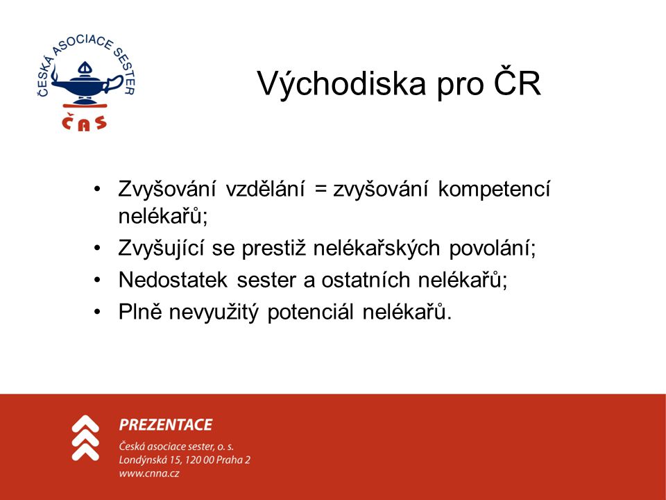 Východiska pro ČR Zvyšování vzdělání = zvyšování kompetencí nelékařů;
