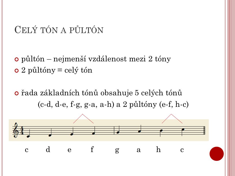 Celý tón a půltón půltón – nejmenší vzdálenost mezi 2 tóny