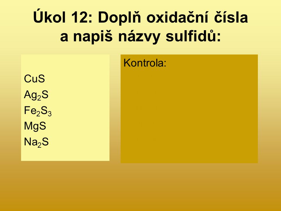 Úkol 12: Doplň oxidační čísla a napiš názvy sulfidů: