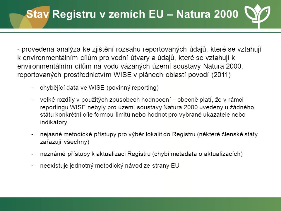 Stav Registru v zemích EU – Natura 2000