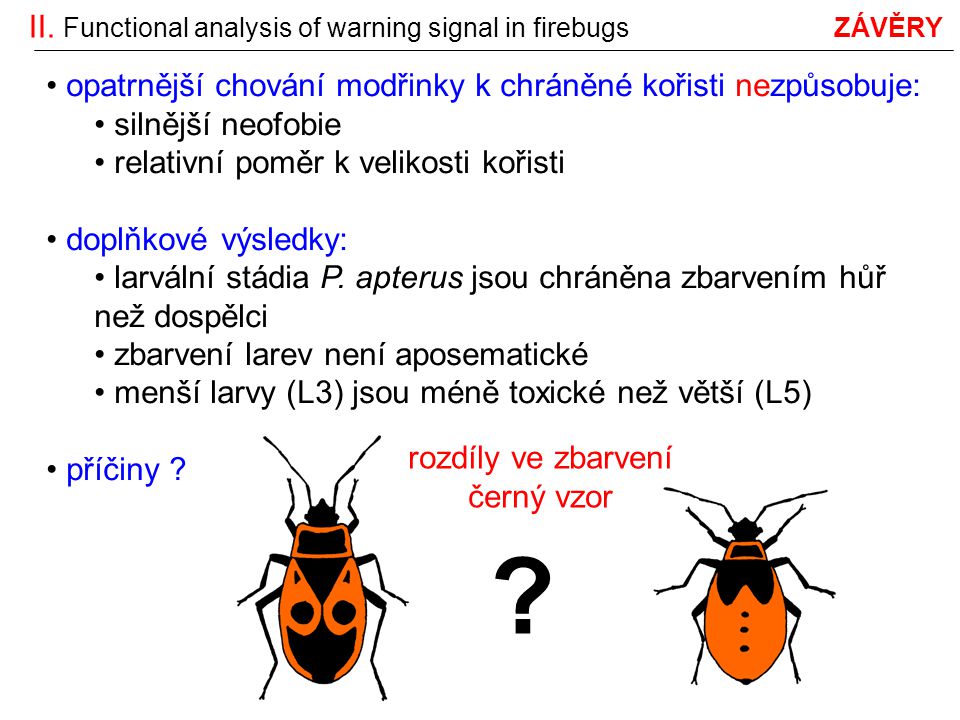 II. Functional analysis of warning signal in firebugs ZÁVĚRY