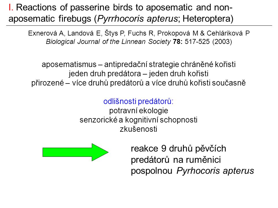 I. Reactions of passerine birds to aposematic and non-aposematic firebugs (Pyrrhocoris apterus; Heteroptera)
