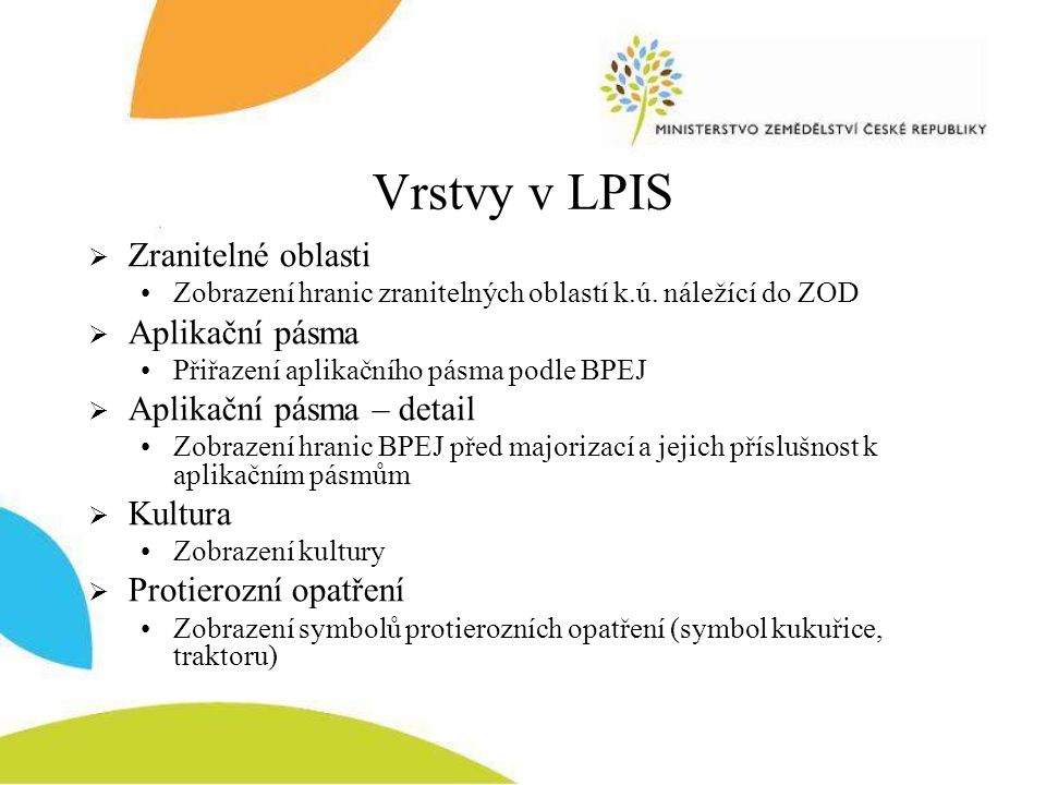 Vrstvy v LPIS Zranitelné oblasti Aplikační pásma