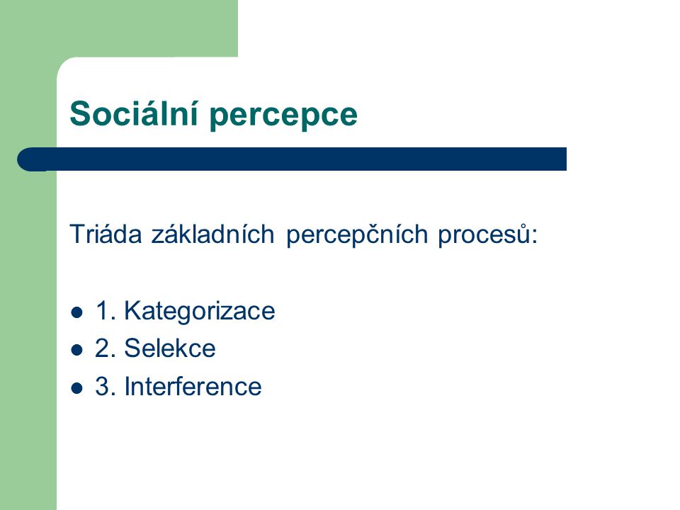 Sociální percepce Triáda základních percepčních procesů: