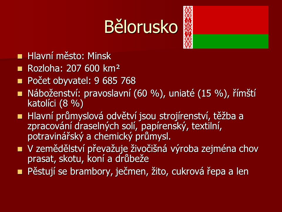 Bělorusko Hlavní město: Minsk Rozloha: km²
