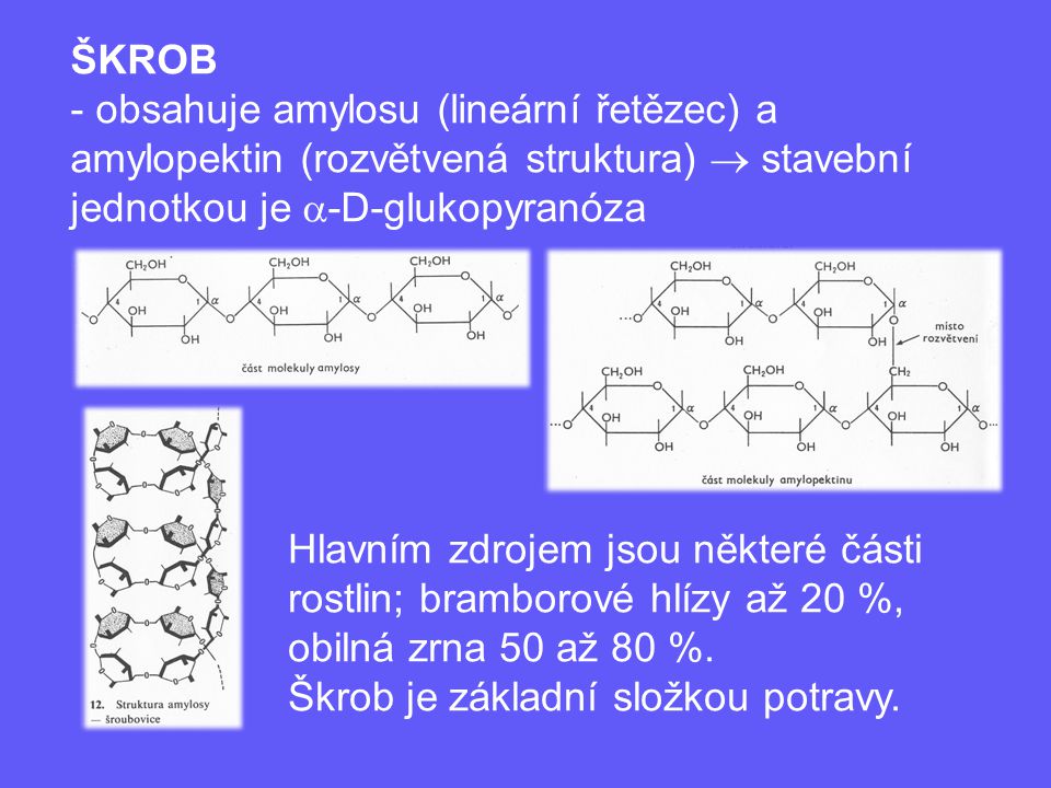 ŠKROB - obsahuje amylosu (lineární řetězec) a amylopektin (rozvětvená struktura)  stavební jednotkou je a-D-glukopyranóza.