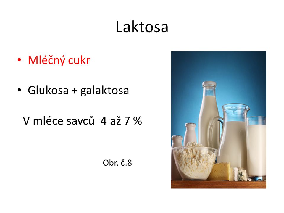 Laktosa Mléčný cukr Glukosa + galaktosa V mléce savců 4 až 7 %