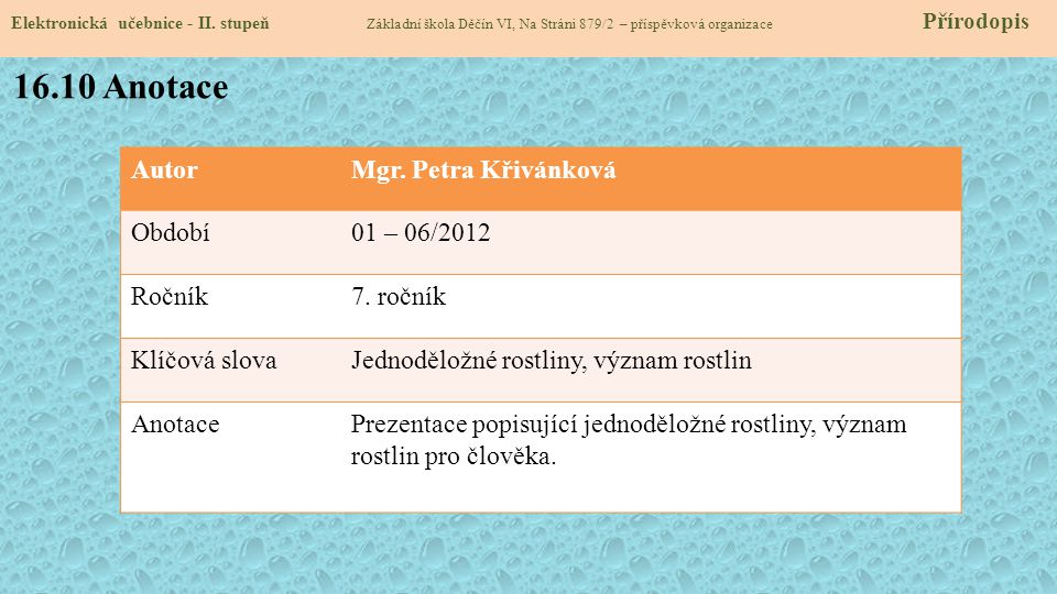 16.10 Anotace Autor Mgr. Petra Křivánková Období 01 – 06/2012 Ročník