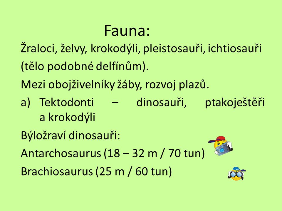 Fauna: Žraloci, želvy, krokodýli, pleistosauři, ichtiosauři