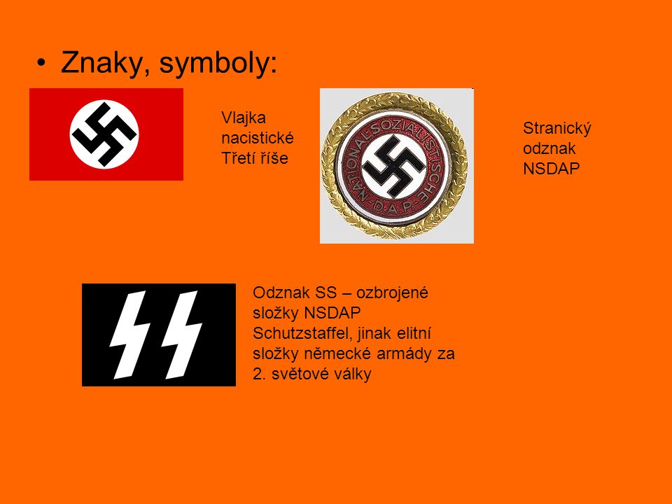 Znaky, symboly: Vlajka nacistické Třetí říše Stranický odznak NSDAP