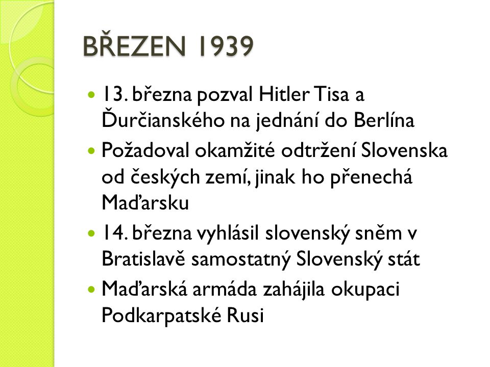 BŘEZEN března pozval Hitler Tisa a Ďurčianského na jednání do Berlína.