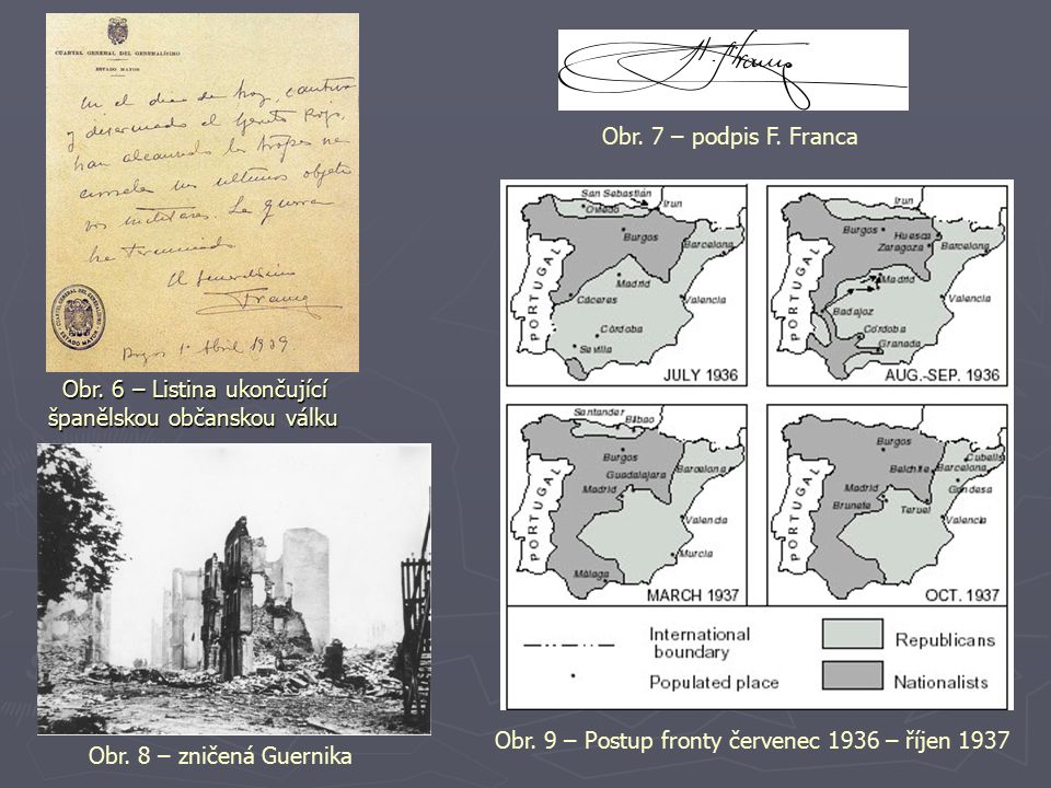 Obr. 7 – podpis F. Franca Obr. 6 – Listina ukončující španělskou občanskou válku. Obr. 9 – Postup fronty červenec 1936 – říjen