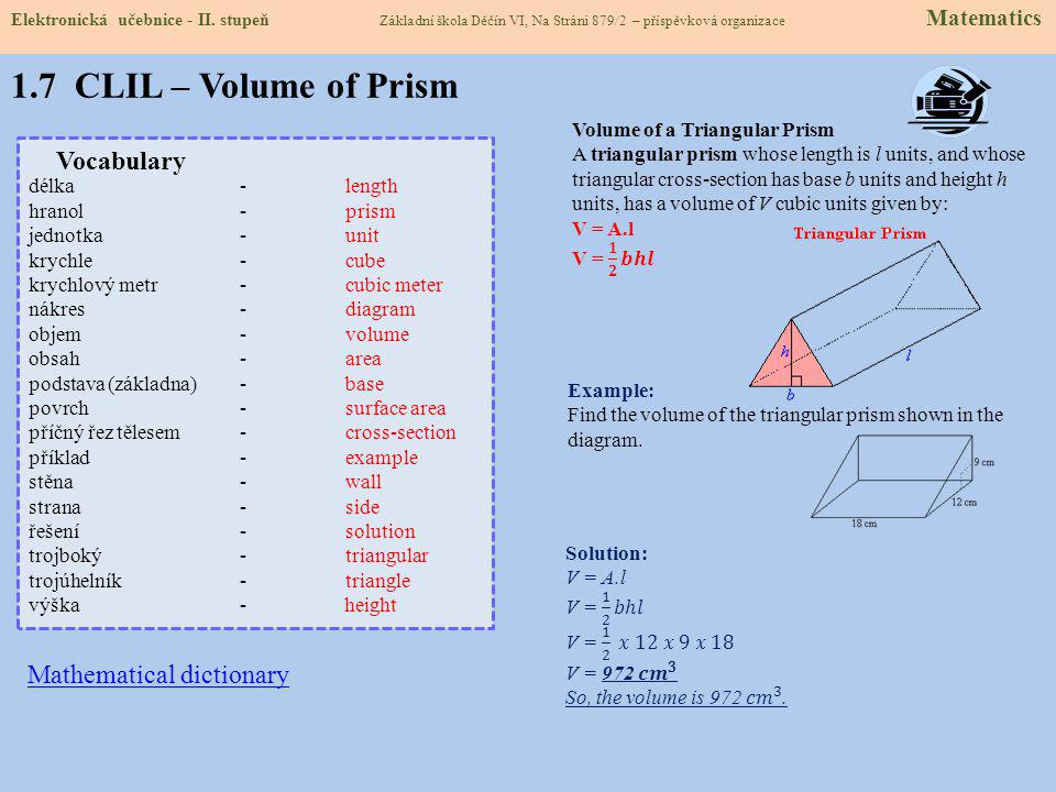 1.7 CLIL – Volume of Prism Vocabulary Mathematical dictionary