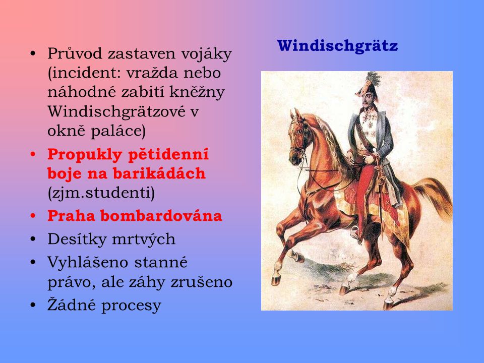 Windischgrätz Průvod zastaven vojáky (incident: vražda nebo náhodné zabití kněžny Windischgrätzové v okně paláce)