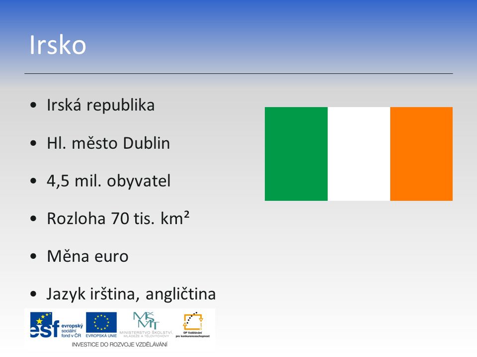 Irsko Irská republika Hl. město Dublin 4,5 mil. obyvatel