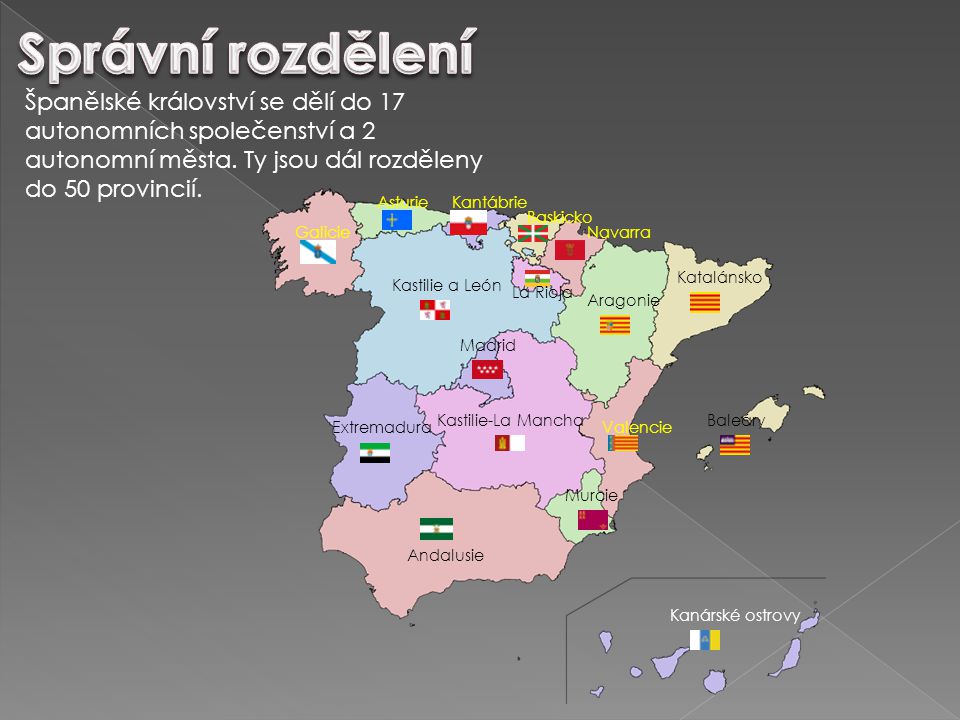 Správní rozdělení Španělské království se dělí do 17 autonomních společenství a 2 autonomní města. Ty jsou dál rozděleny do 50 provincií.