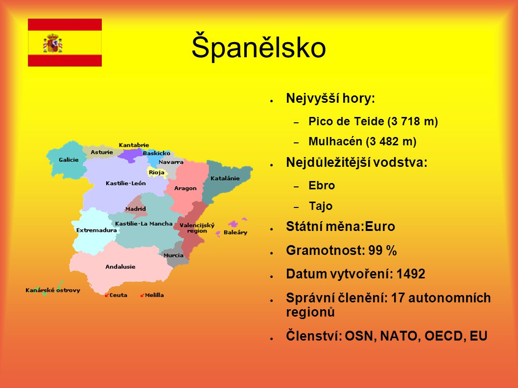 Španělsko Nejvyšší hory: Nejdůležitější vodstva: Státní měna:Euro
