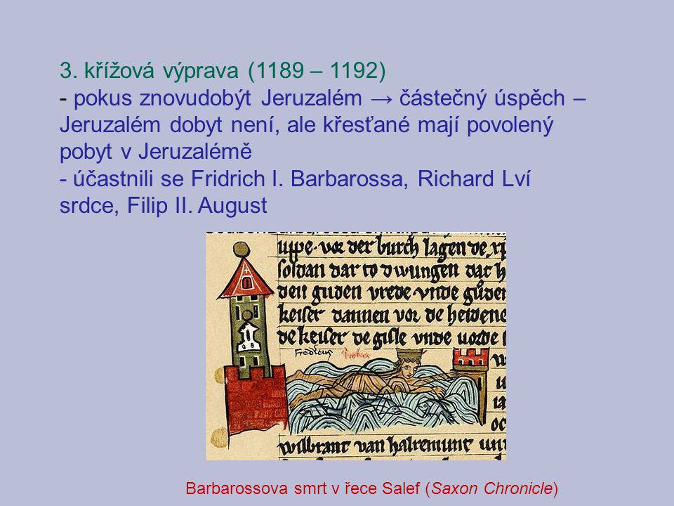 Barbarossova smrt v řece Salef (Saxon Chronicle)