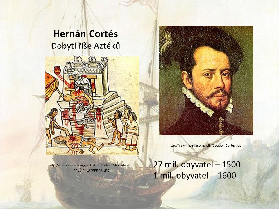 Hernán Cortés Dobytí říše Aztéků 27 mil. obyvatel – 1500