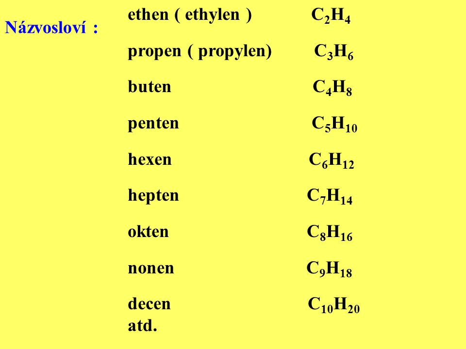 ethen ( ethylen ) C2H4 propen ( propylen) C3H6. buten C4H8.